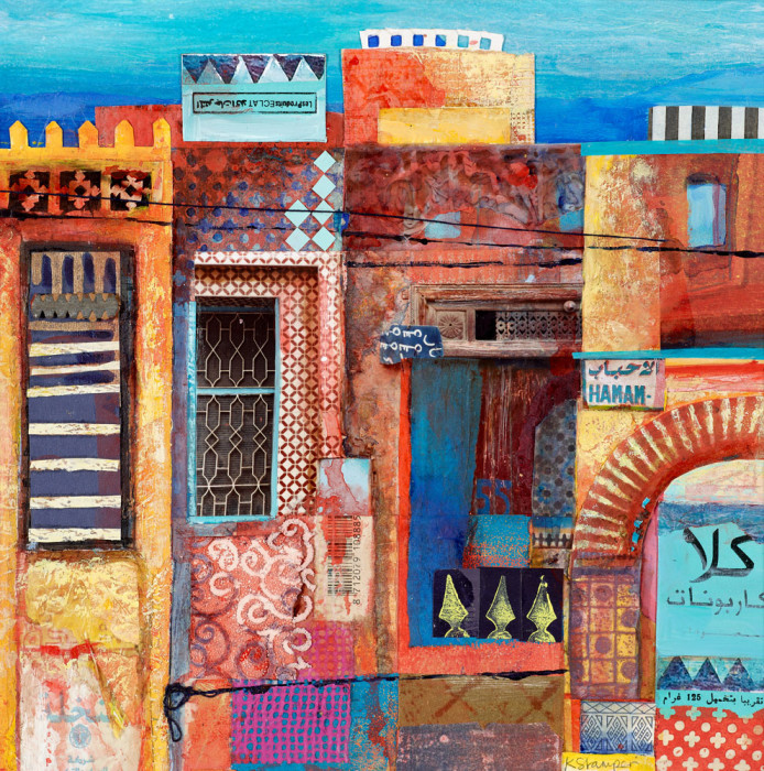 very detailed patchwork of moroccan buildings, mixed media