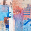 abstracted mixed media collaged paper shapes and letters in blues and orange