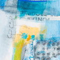 abstracted mixed media collaged paper shapes and letters in blues and yellow