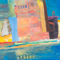 abstracted mixed media collaged paper shapes in blues and orange