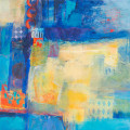 bold abstracted mixed media collaged paper shapes in blues and yellows