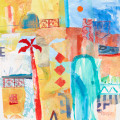 yellows, oranges and blues abstracted buildings and palm tree