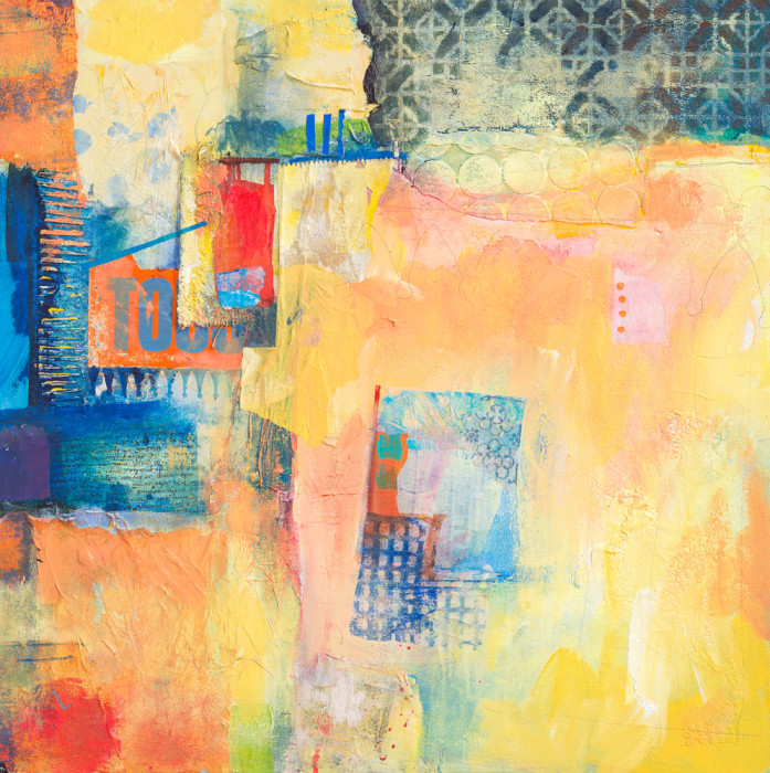 bold abstracted mixed media collaged paper shapes in blues and yellows