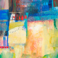 bold abstracted mixed media collaged paper shapes in blues and yellows