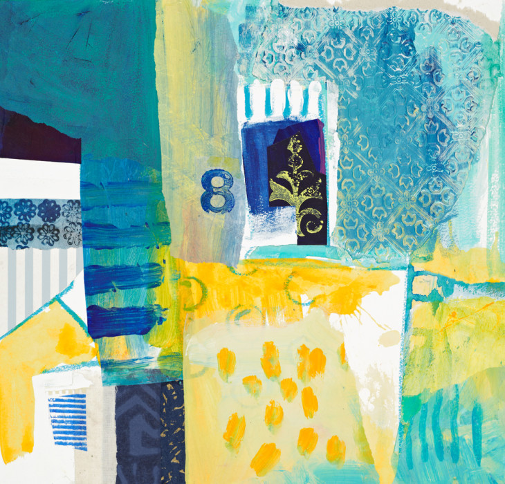 blue and yellow abstracted mixed media buildings and sea